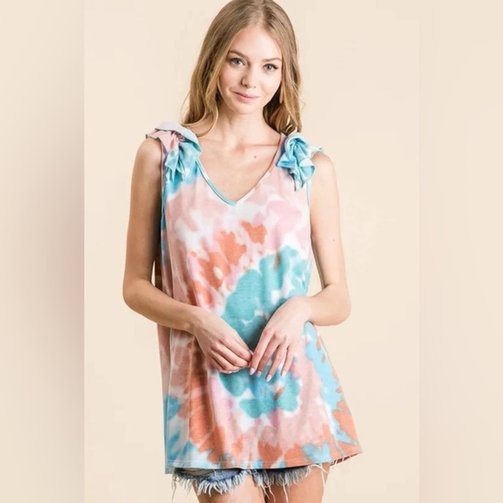 BiBi Circular Tie Dye Knit V Neck Top With Ruffle